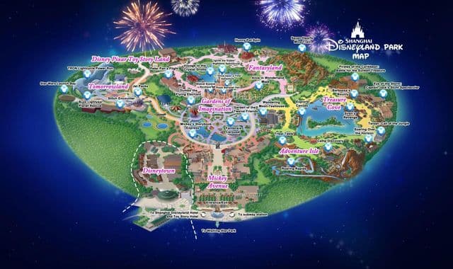 De kaart van het park van Shanghai Disneyland